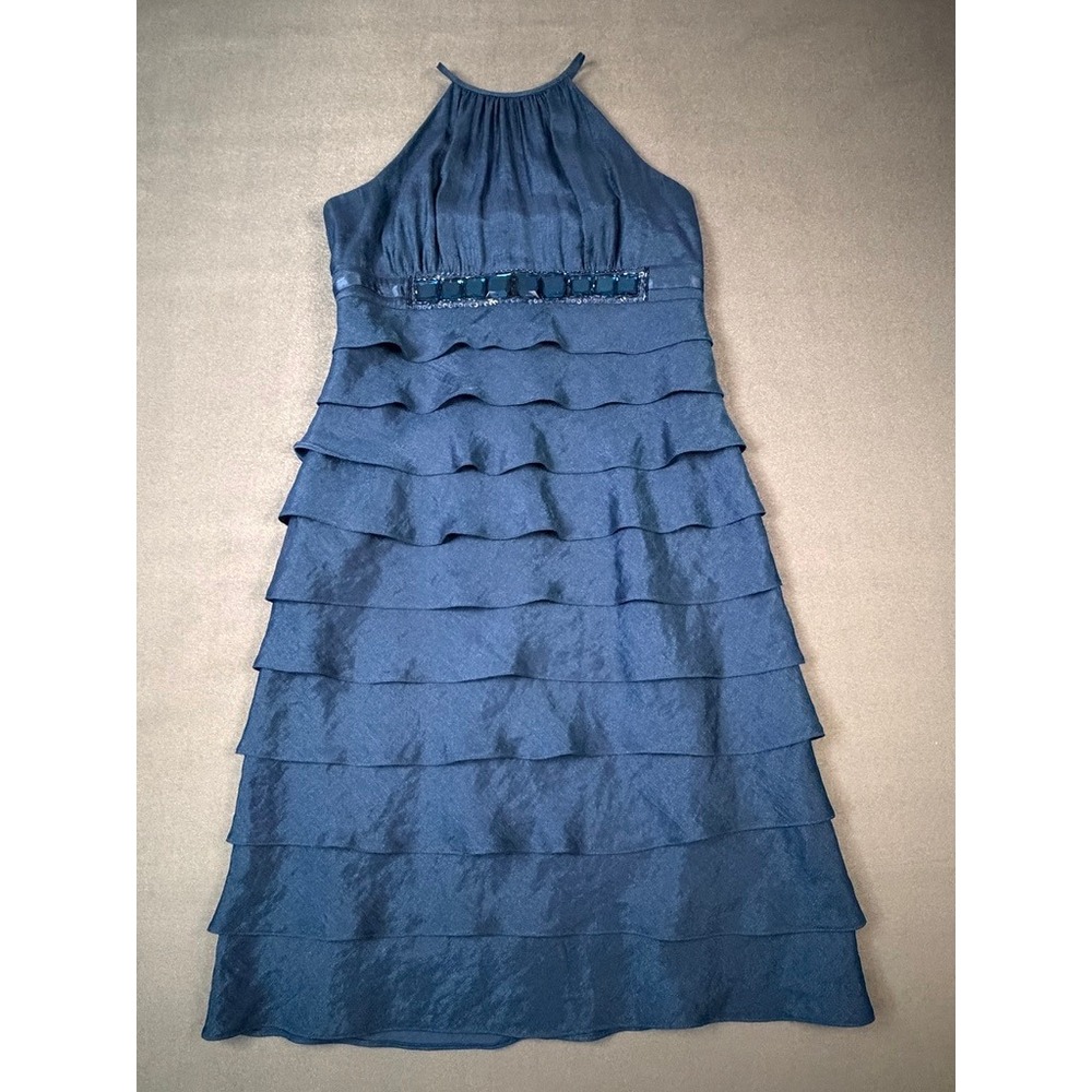 Adrianna Papell Navy Tiered Ruffle Halter Beaded Cocktail Evening Dress Size 8